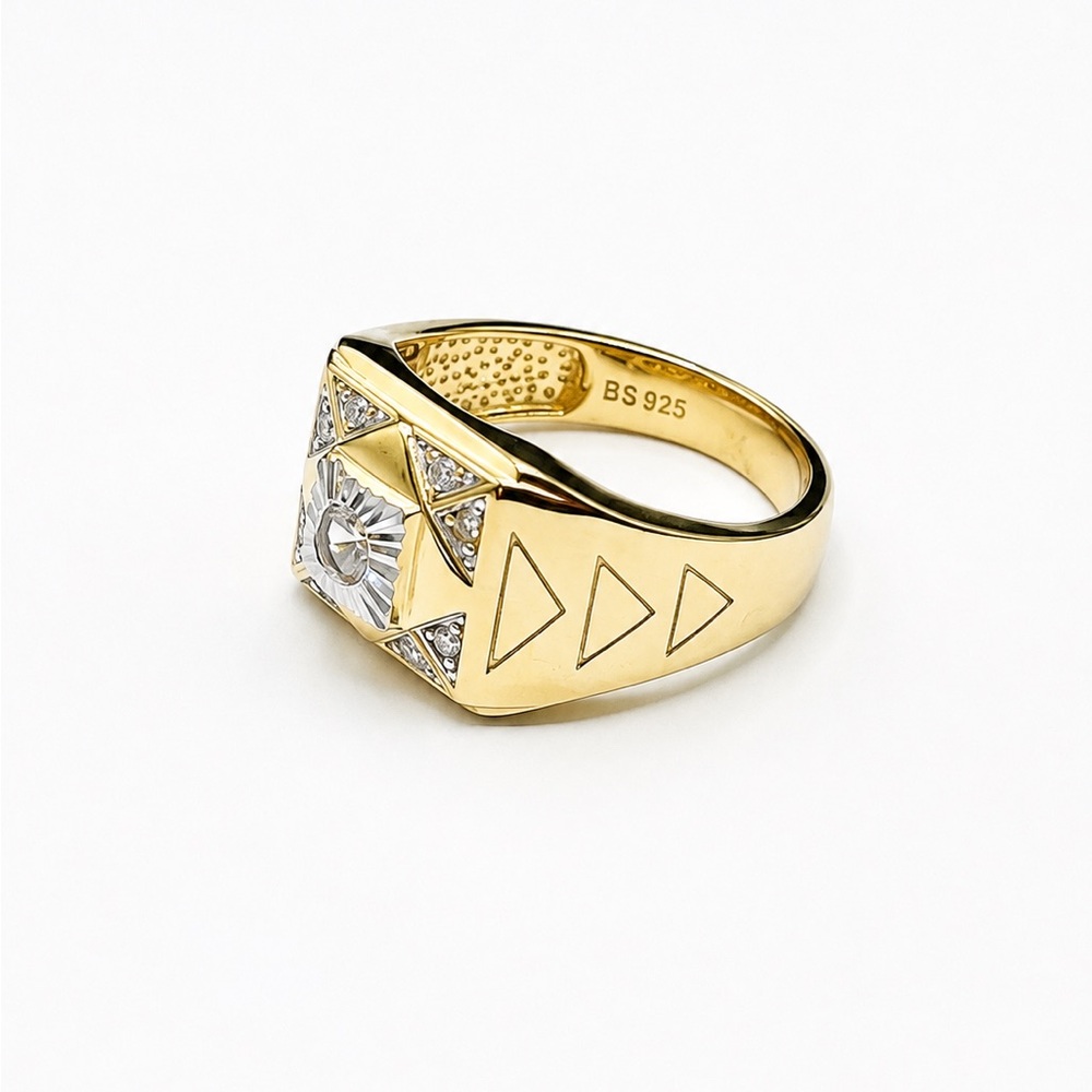 Men's Gold over 925 Sterling Silver Signet Ring with Center Stone CZ Size 9.5 - Picture 7 of 17